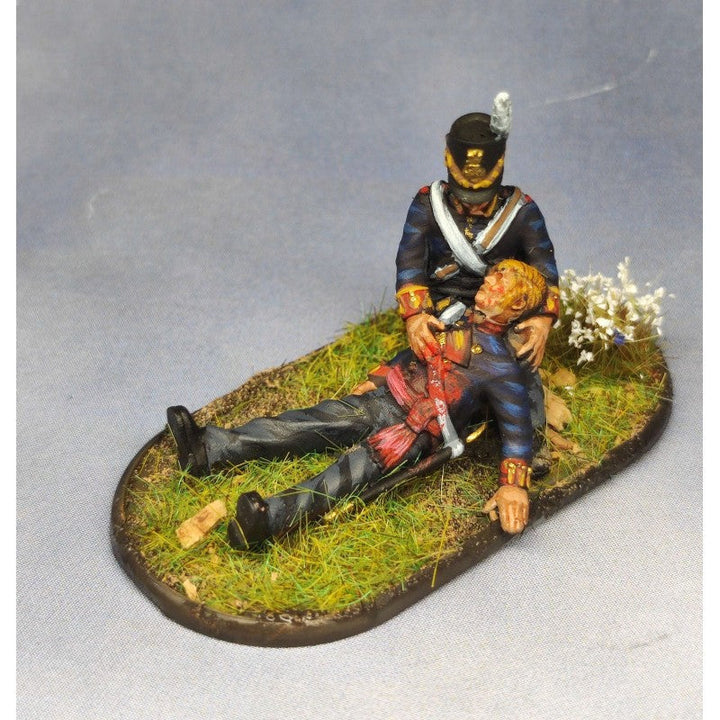 Napoleonic British Soldier assisting Wounded British Officer