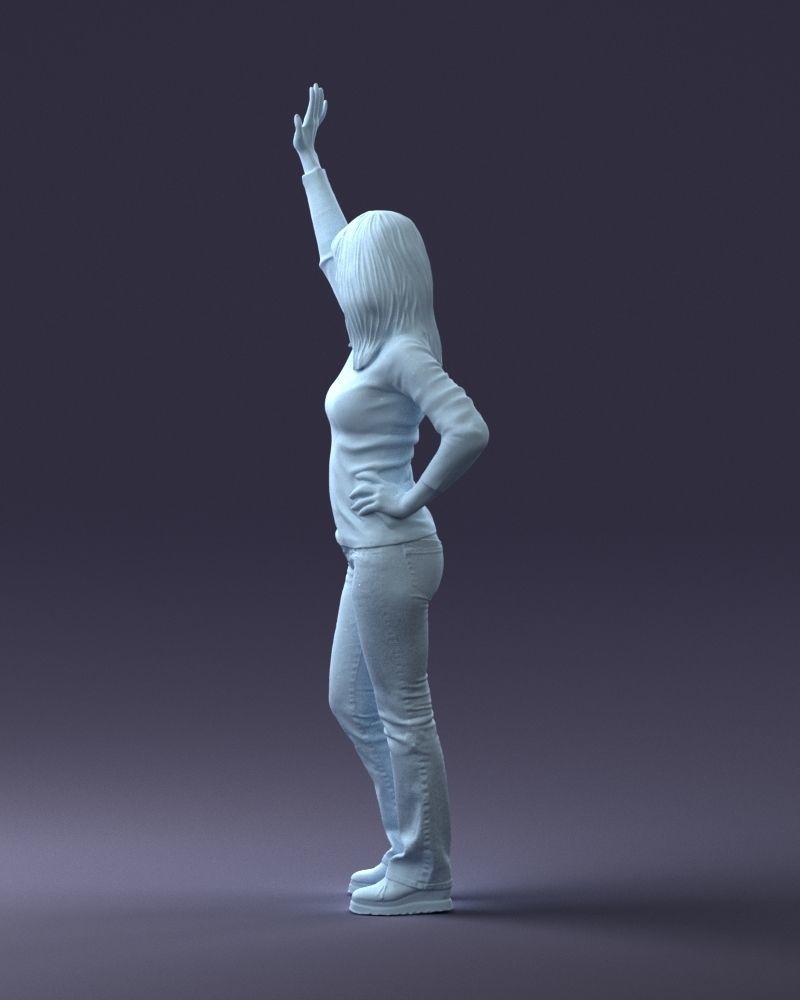 Casually Dressed Female Arm Up Waving Figure