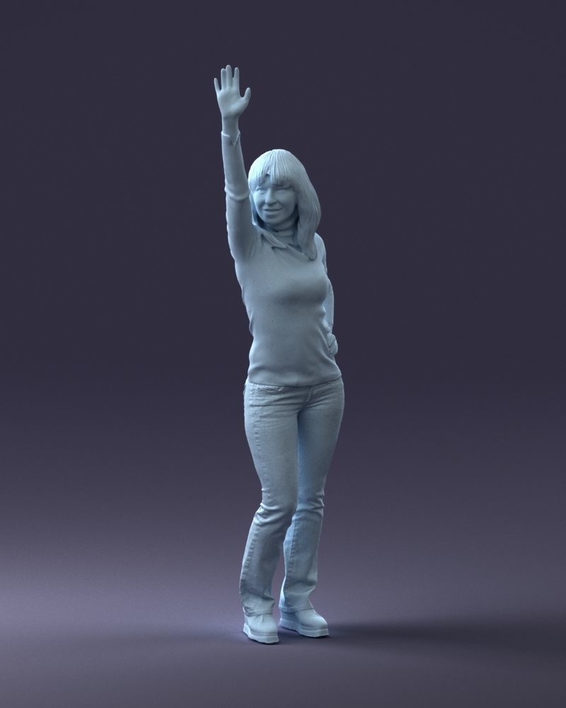 Casually Dressed Female Arm Up Waving Figure